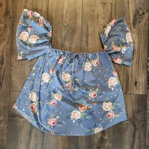 Medium Blue Floral Rose Off Shoulder Blouse